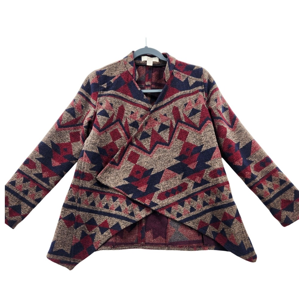 Aztec Pattern Open Front Cardigan Sweater - Burgundy & Navy